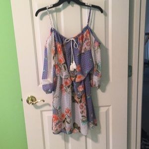 Blue floral cut out shoulder with sleeves dress